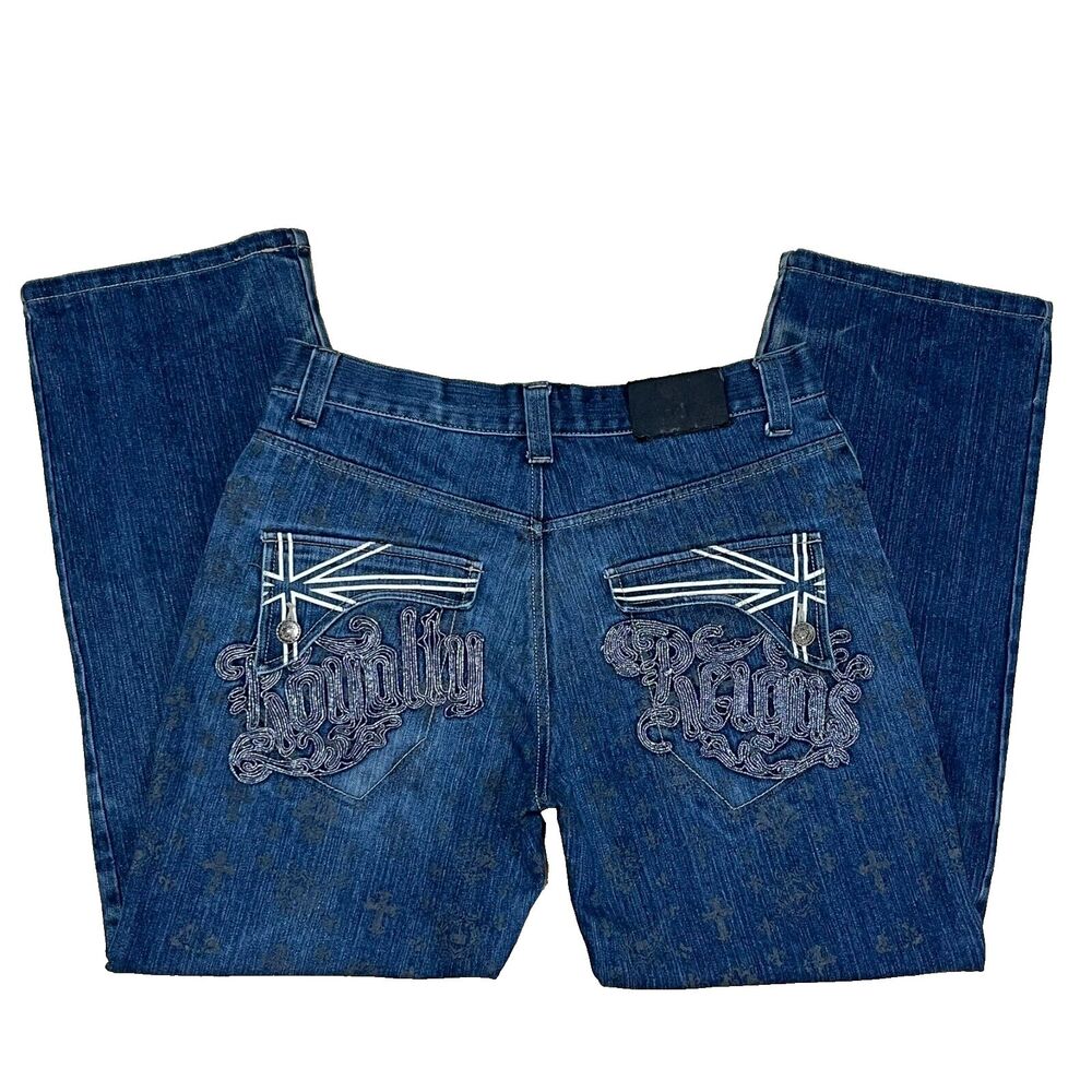 Raw Blue Embroidered Jeans 34x32 Wide Leg Baggy Cross Graphic Print Hip-Hop JNCO